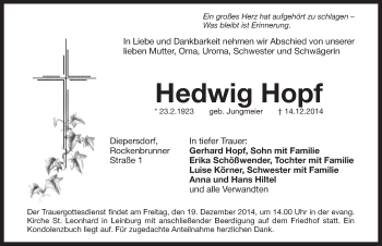 Traueranzeige von Hedwig Hopf von Pegnitz-Zeitung